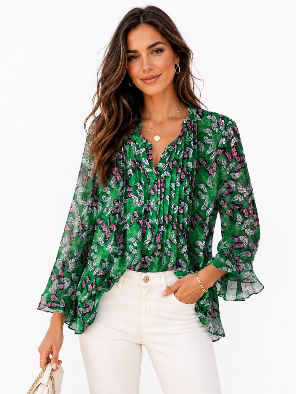 Green Chiffon Pin-tuck V-Neck Butterfly Blouse with Bell Sleeve size Large